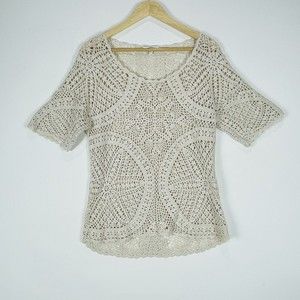 Fatface Fat Face UK Beige Crochet Short Sleeve Pullover Sweater Womens Sz Medium